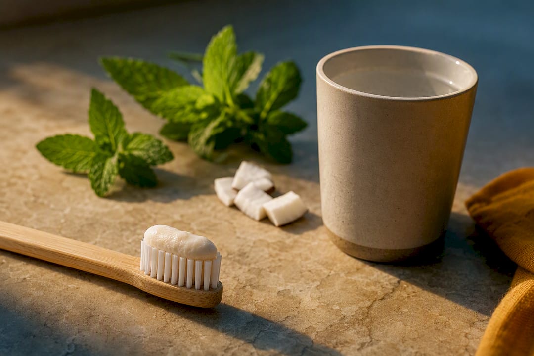 Toothbrush and rinse glass with mint