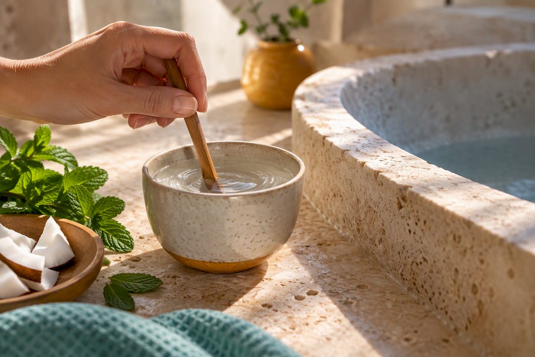 Hand stirring a gentle saline mouth rinse