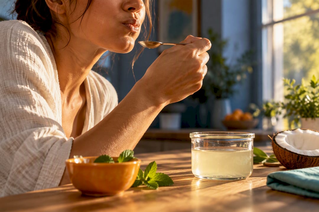 Adult preparing coconut oil pulling routine
