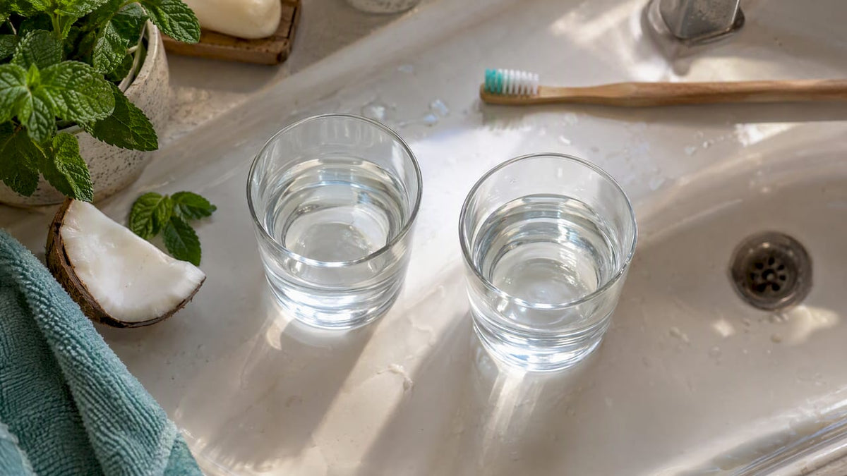 Two natural mouthwash rinses with mint and coconut