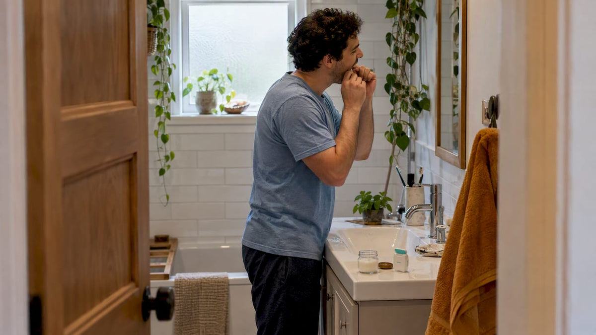 Adult flossing beside a glass of coconut oil