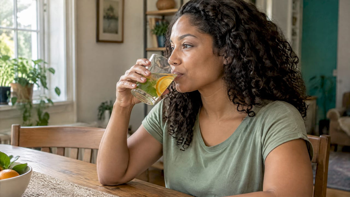 Woman sipping citrus water at home