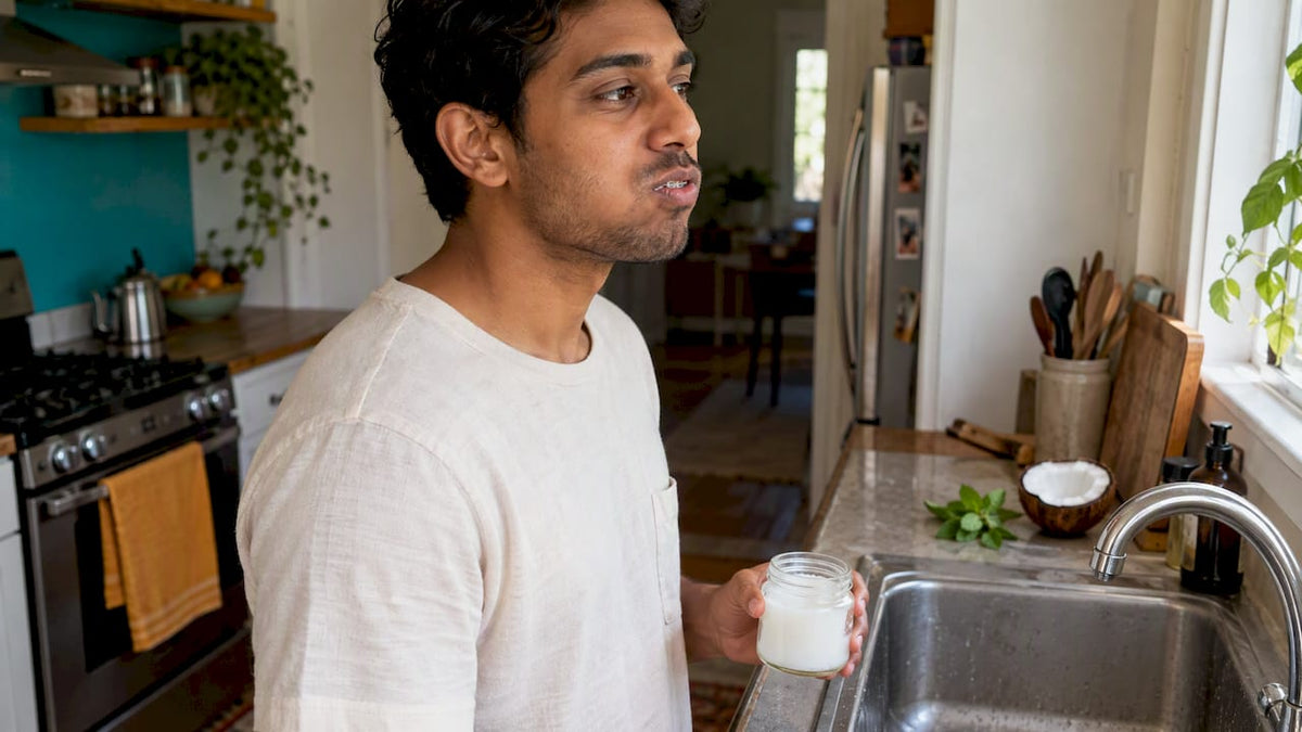 Man gently swishing oil with braces