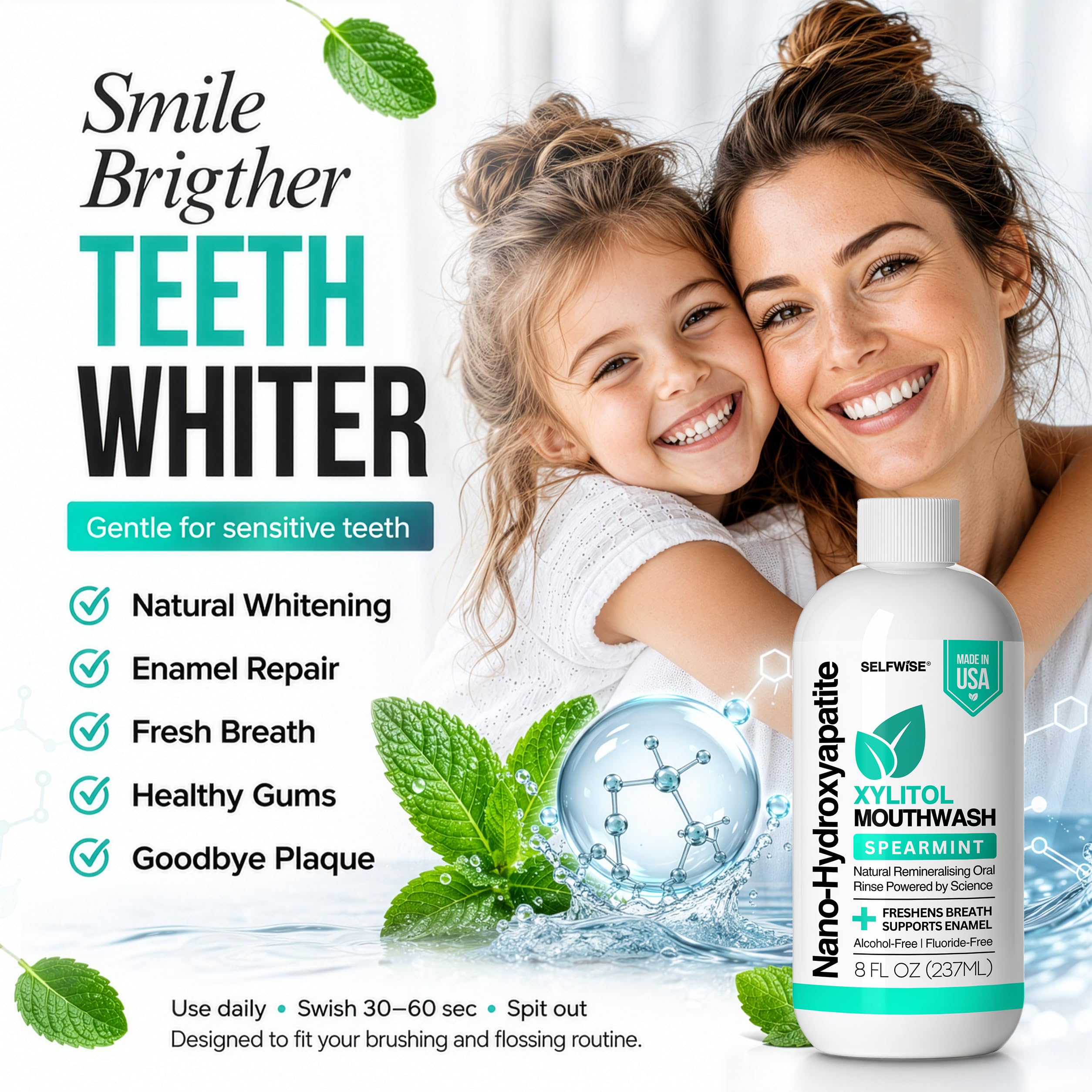SELFWISE 8 oz xylitol mouthwash lifestyle and oral care benefit graphic
