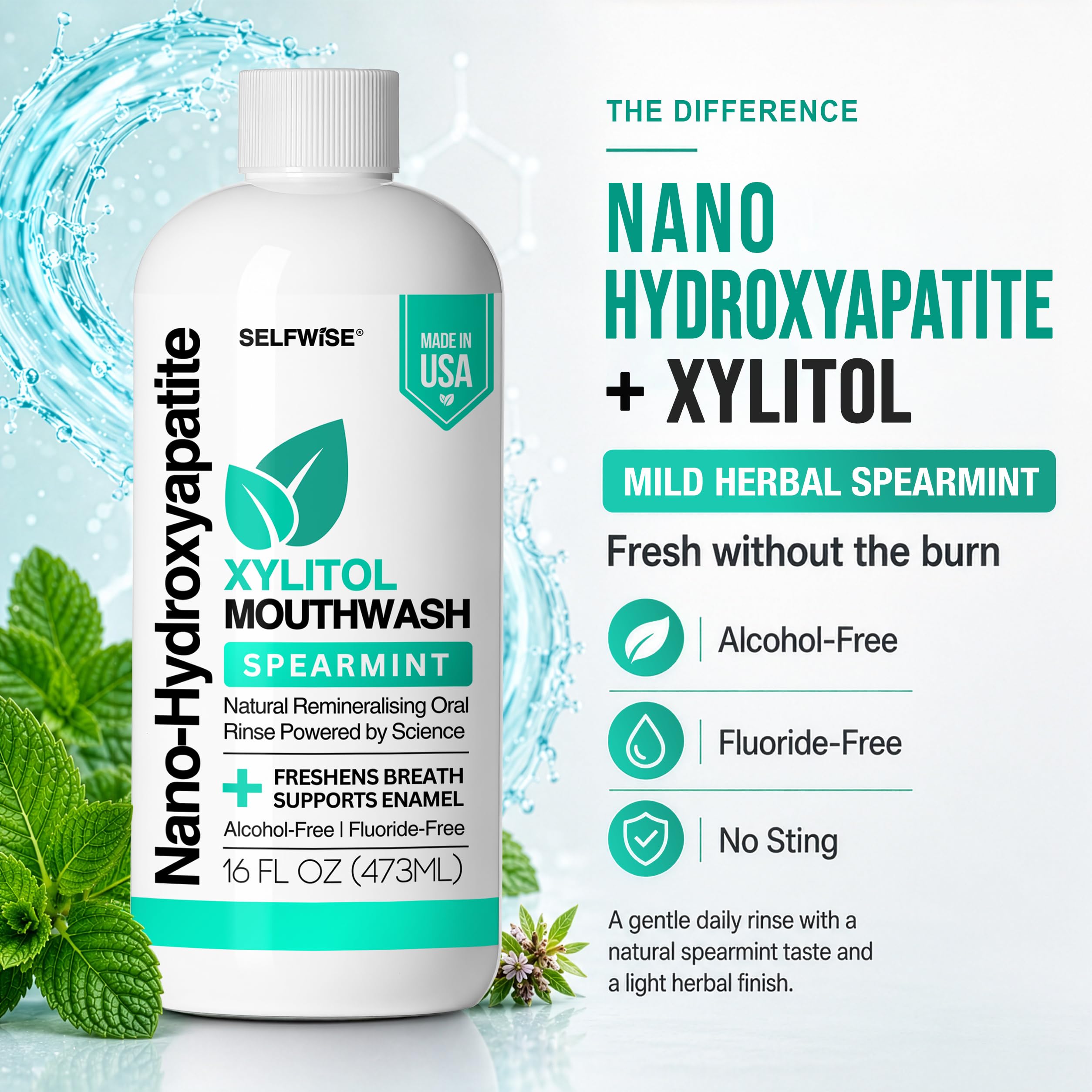 SELFWISE 16 oz xylitol mouthwash with nano hydroxyapatite and mild herbal spearmint