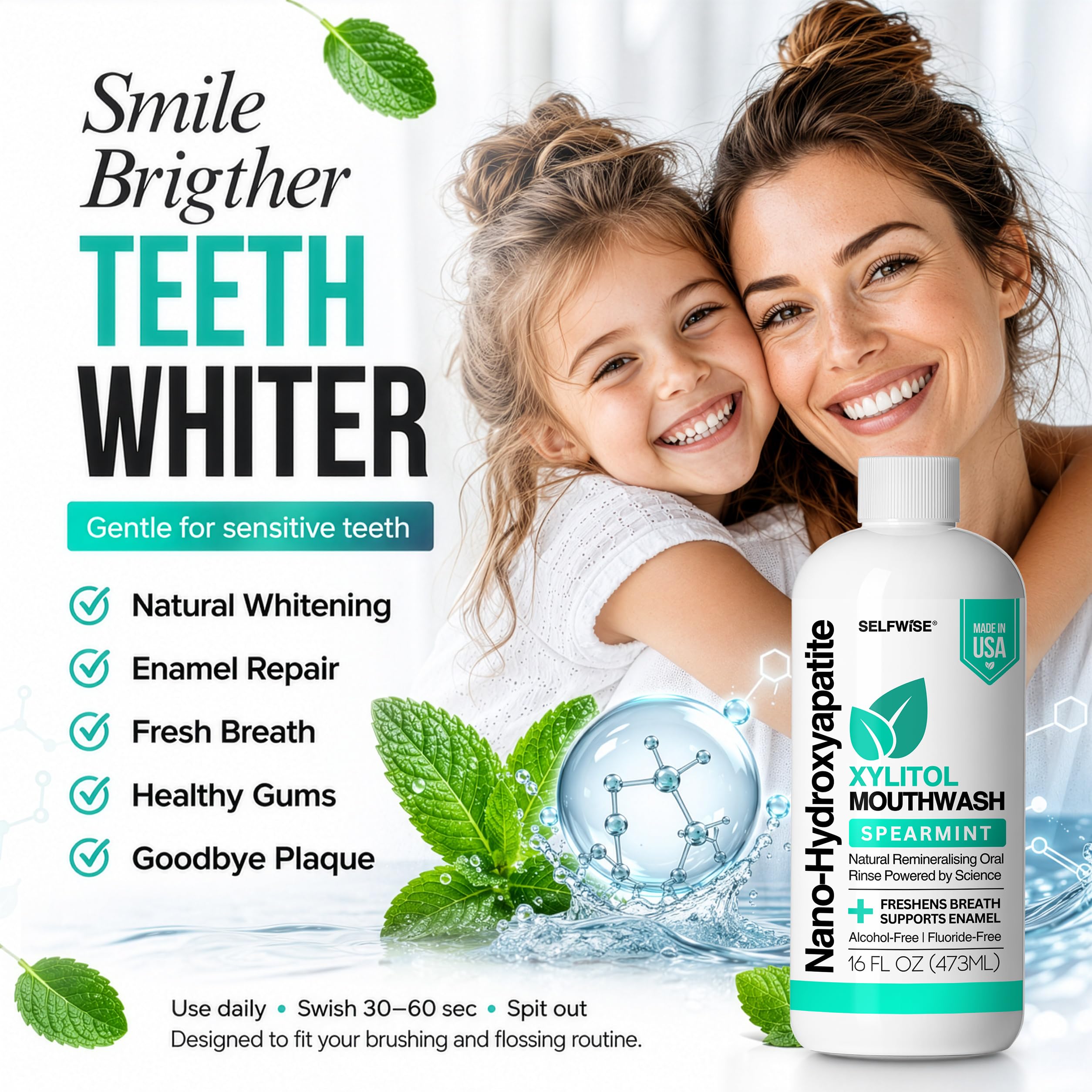 SELFWISE 16 oz xylitol mouthwash lifestyle and oral care benefit graphic