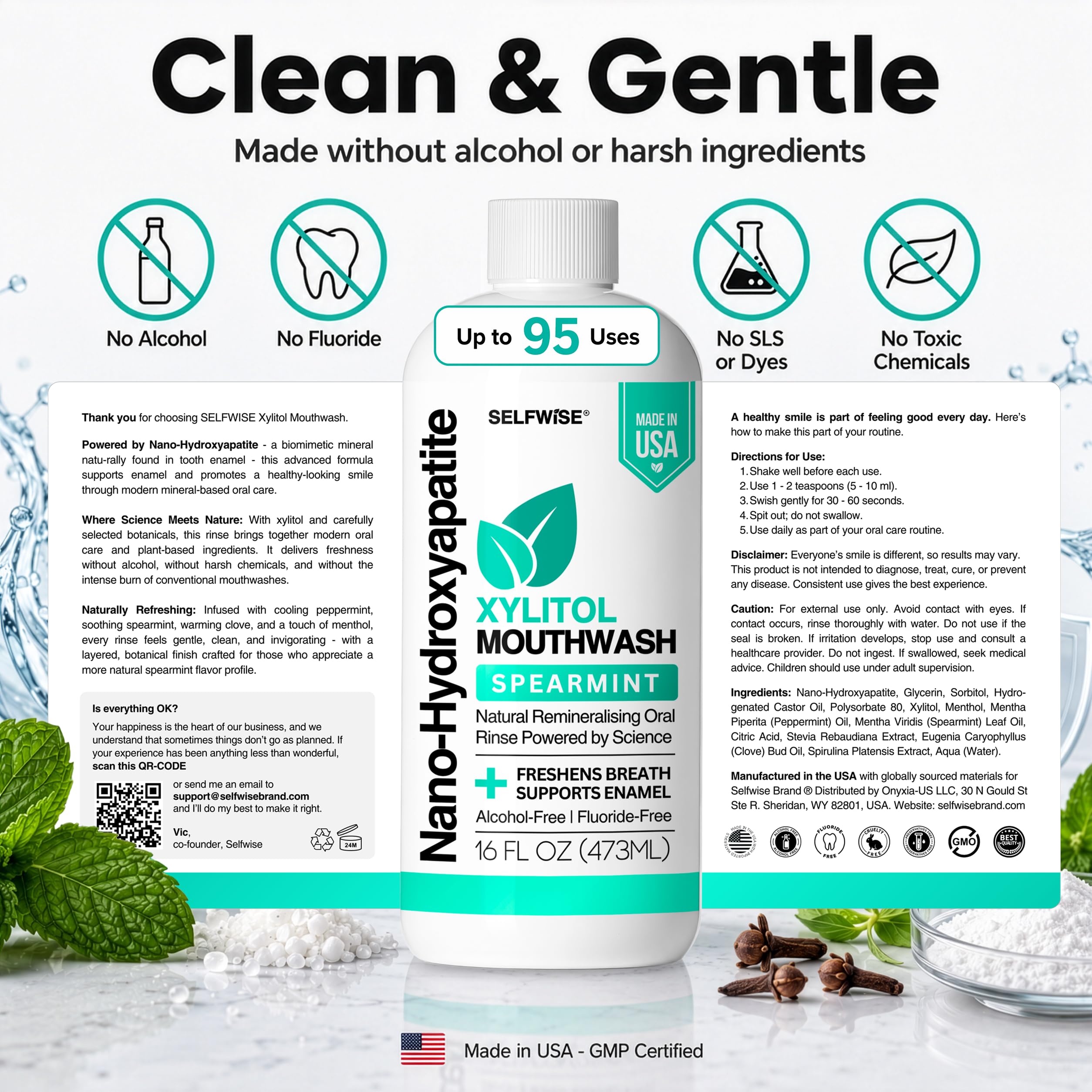 SELFWISE 16 oz xylitol mouthwash clean and gentle formula and directions
