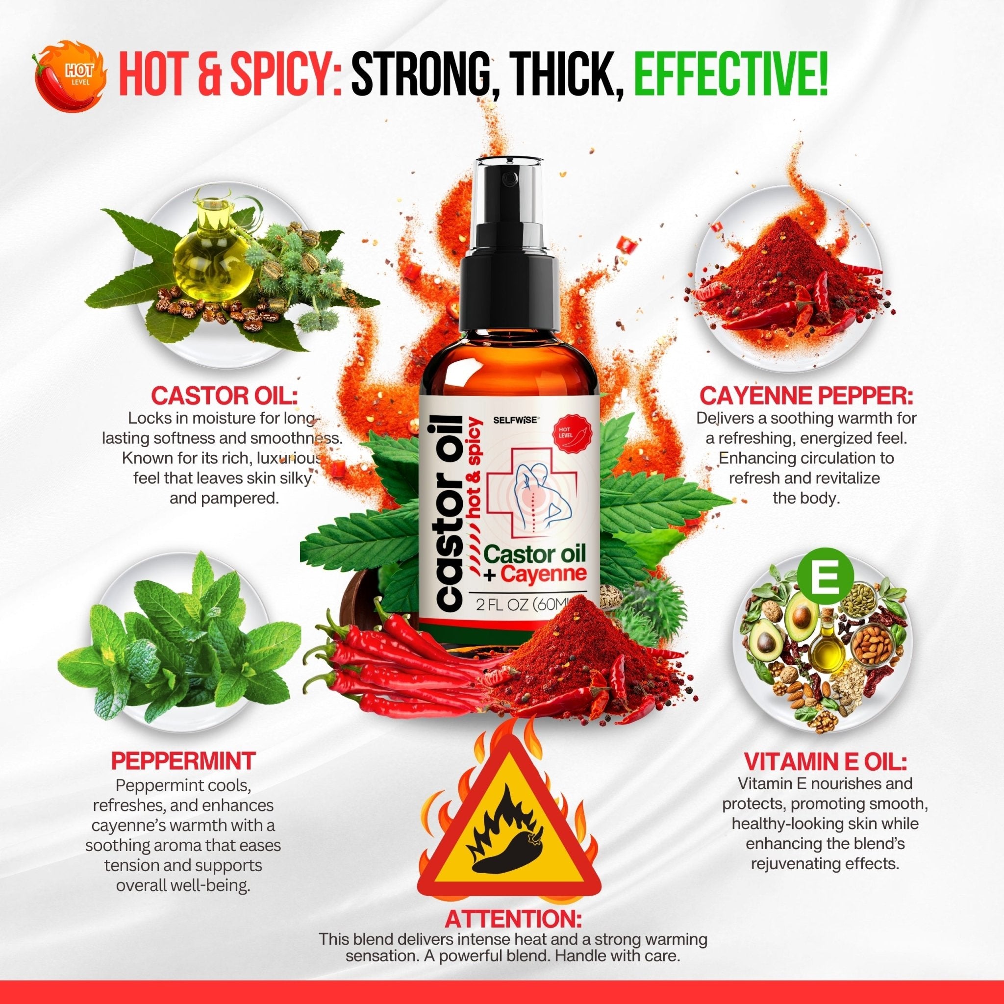 Castor Oil with Cayenne Pepper - Hot & Spicy Warming Oil - Body Oil - Selfwise