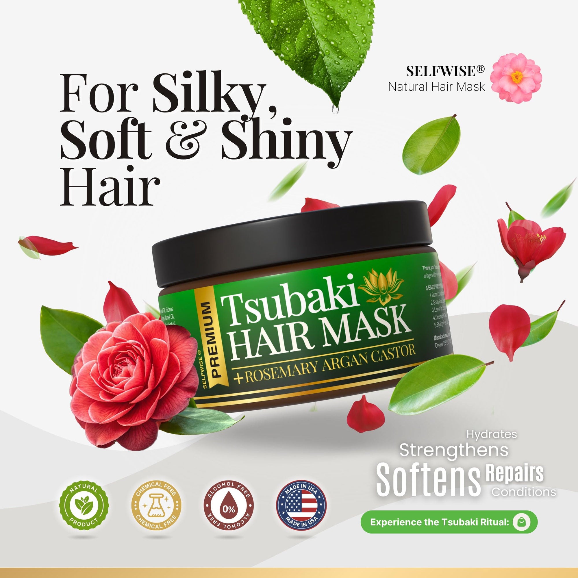 SELFWISE Tsubaki Hair Mask 4 oz jar and conditioning benefits