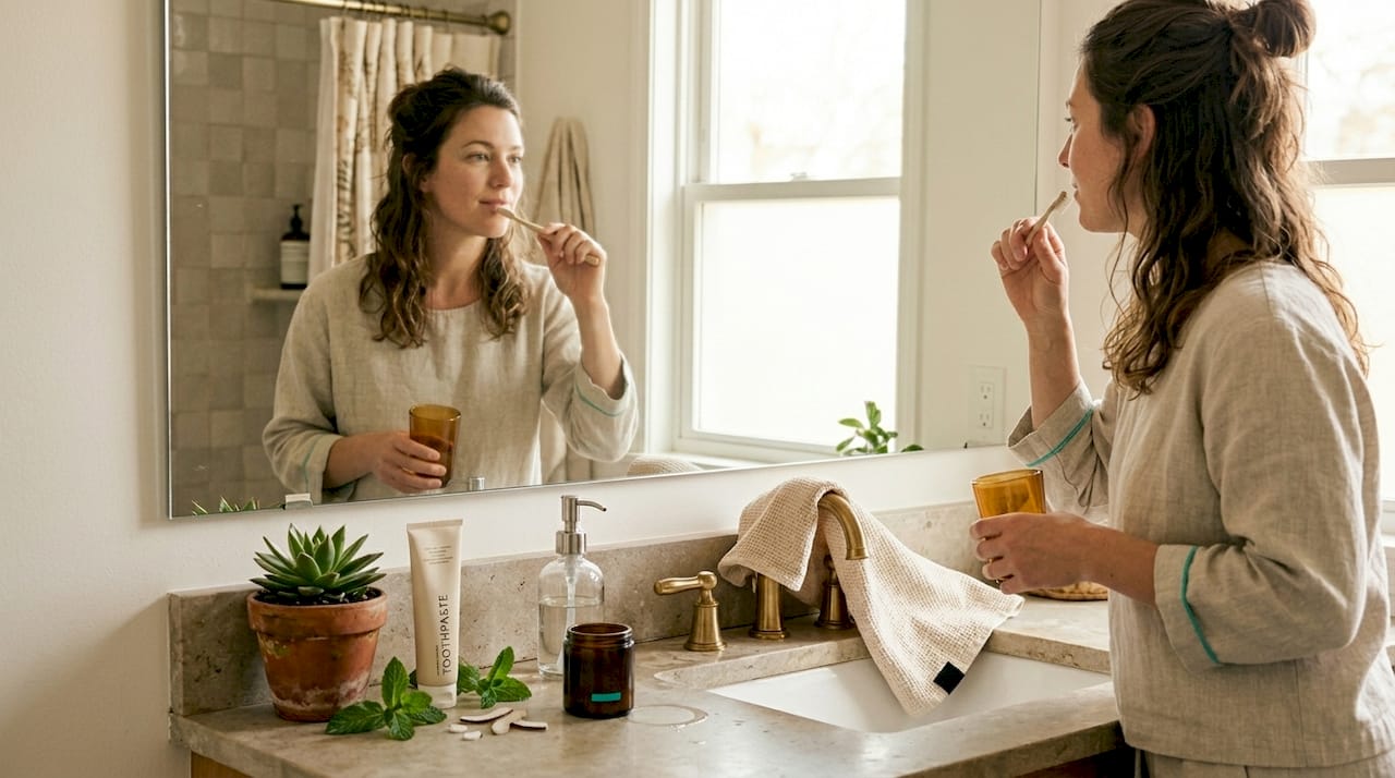 Woman at bathroom sink with mouthwash and toothbrush