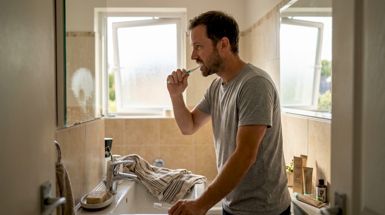 Man brushing teeth in home bathroom