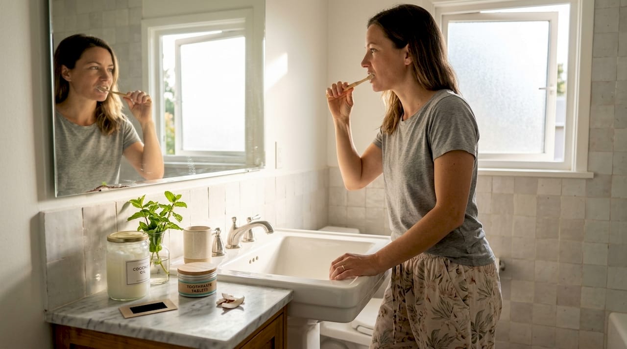 Woman using bamboo toothbrush with natural products
