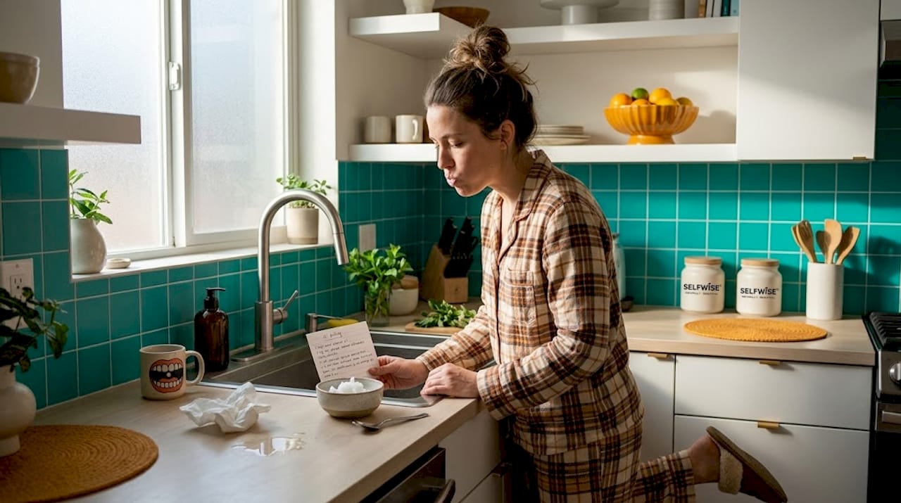 Woman practicing oil pulling in morning kitchen