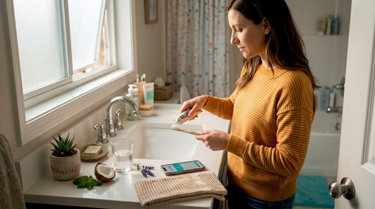 Woman using cruelty free toothpaste at bathroom counter