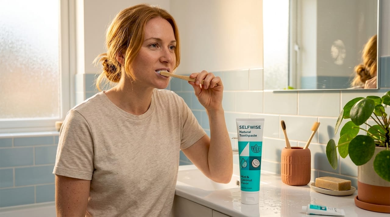 Woman brushing with natural toothpaste in bathroom