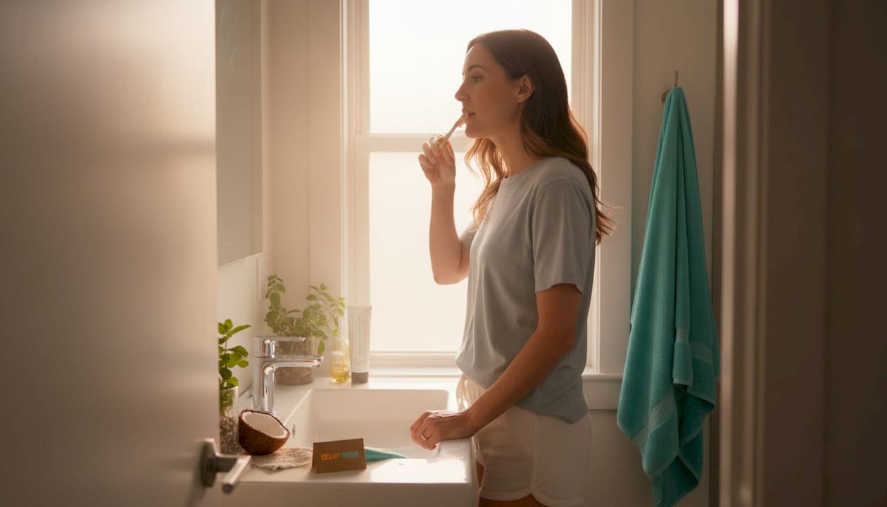 Woman brushing teeth in sunlit bathroom