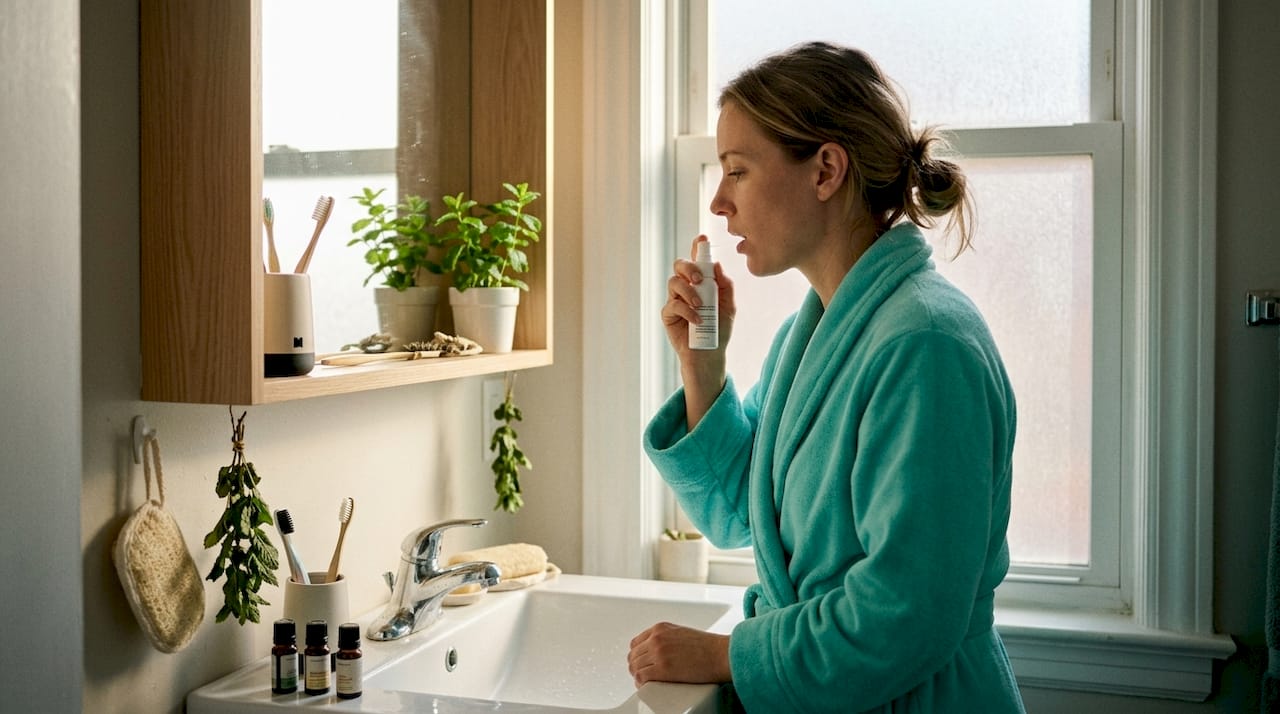 Woman using oral probiotic spray morning routine