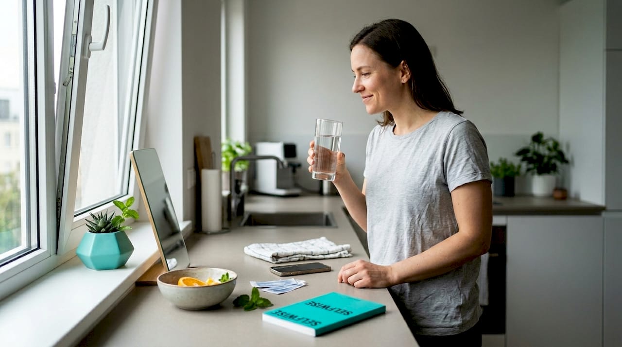 Woman caring for teeth post-whitening in kitchen