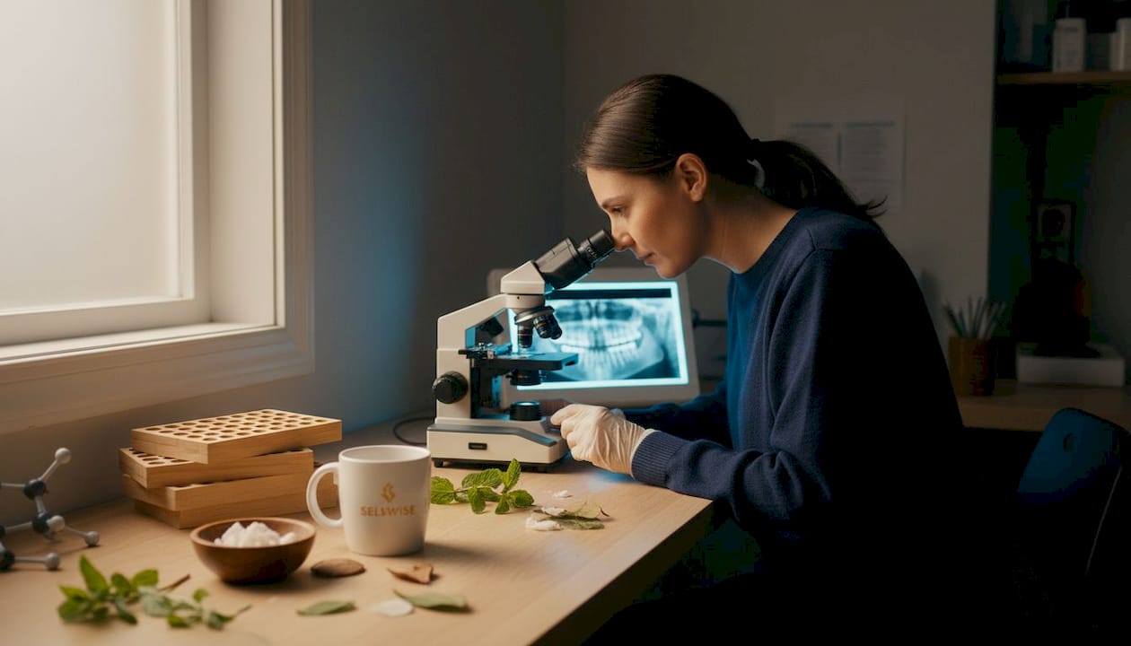Researcher studying hydroxyapatite sample in laboratory
