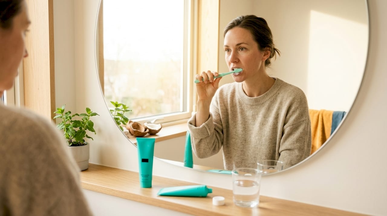 Woman brushing teeth at sunlit bathroom sink