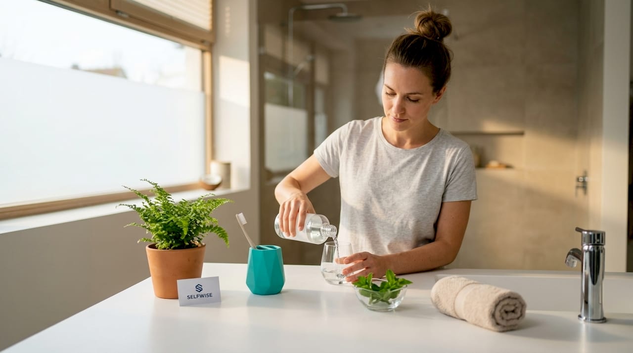 Woman pouring mouthwash at home bathroom counter