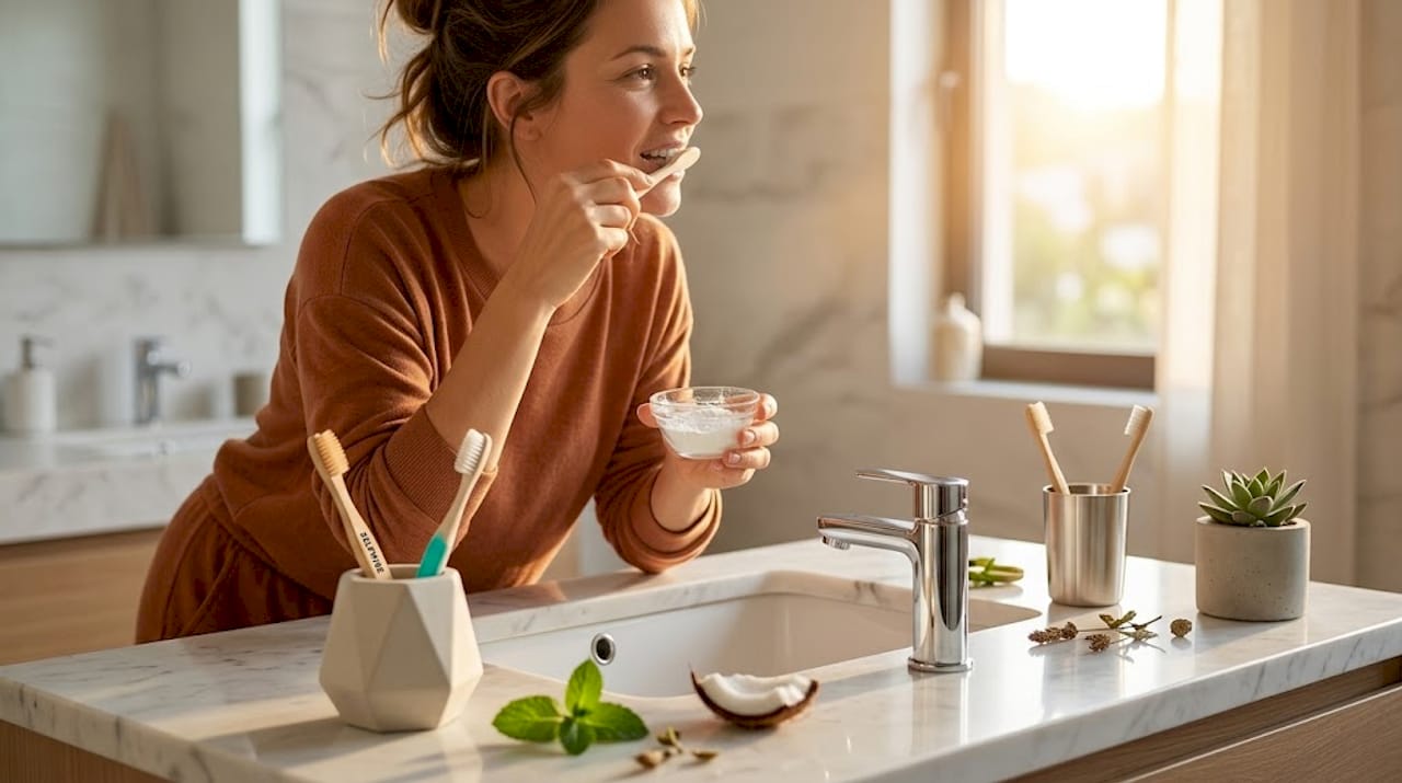Brushing teeth with natural paste at bathroom sink