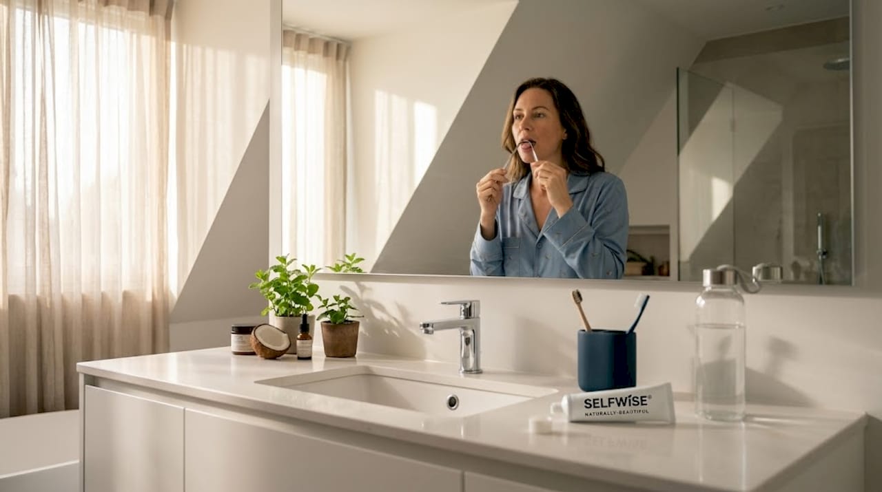 Woman using tongue scraper in morning bathroom