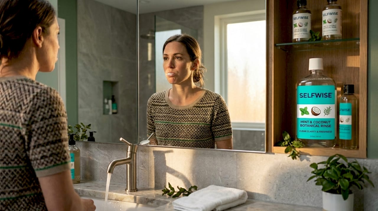 Woman using plant-based mouth rinse at bathroom sink