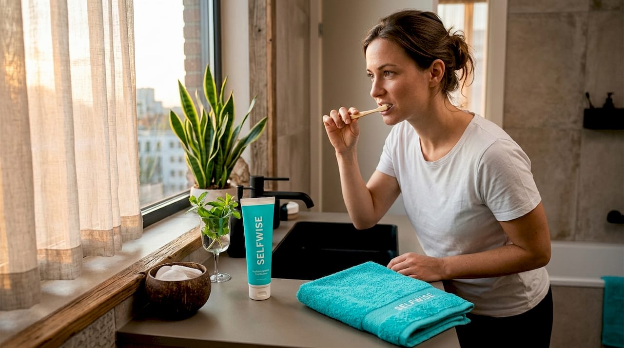 Woman brushing teeth with hydroxyapatite toothpaste