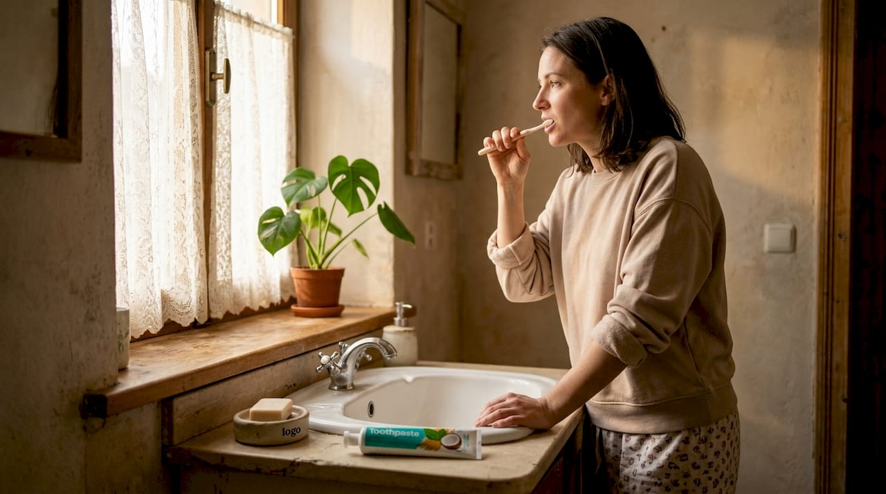 Woman gently brushing teeth in morning bathroom