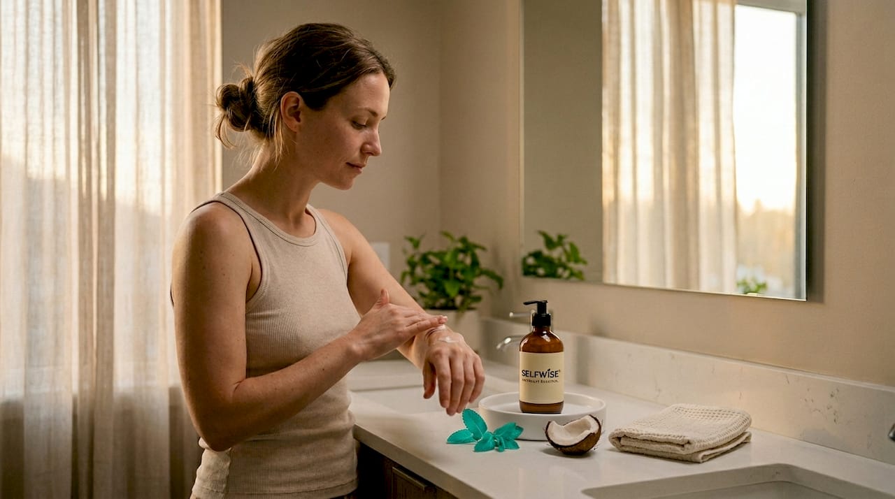 Woman applying lotion at bright bathroom vanity
