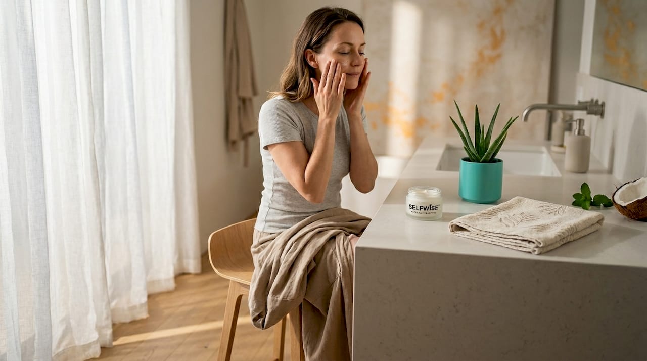 Woman applies moisturizer at home vanity