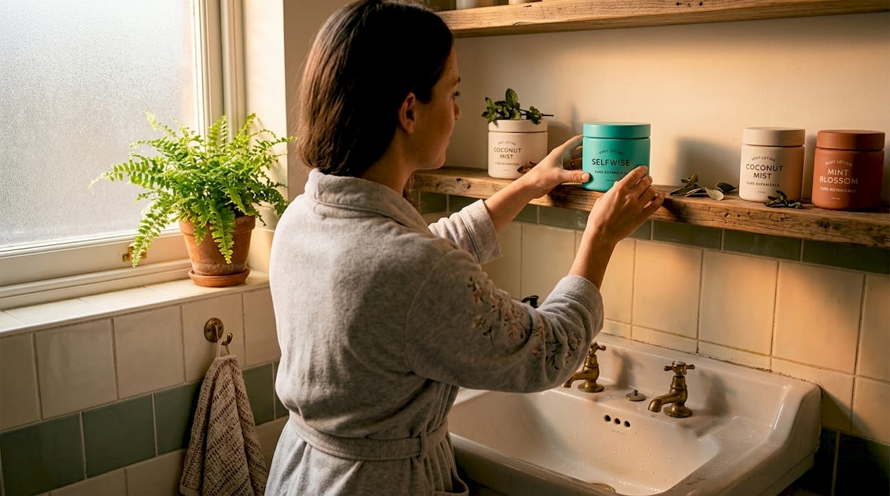 Woman arranging natural body lotions in bathroom