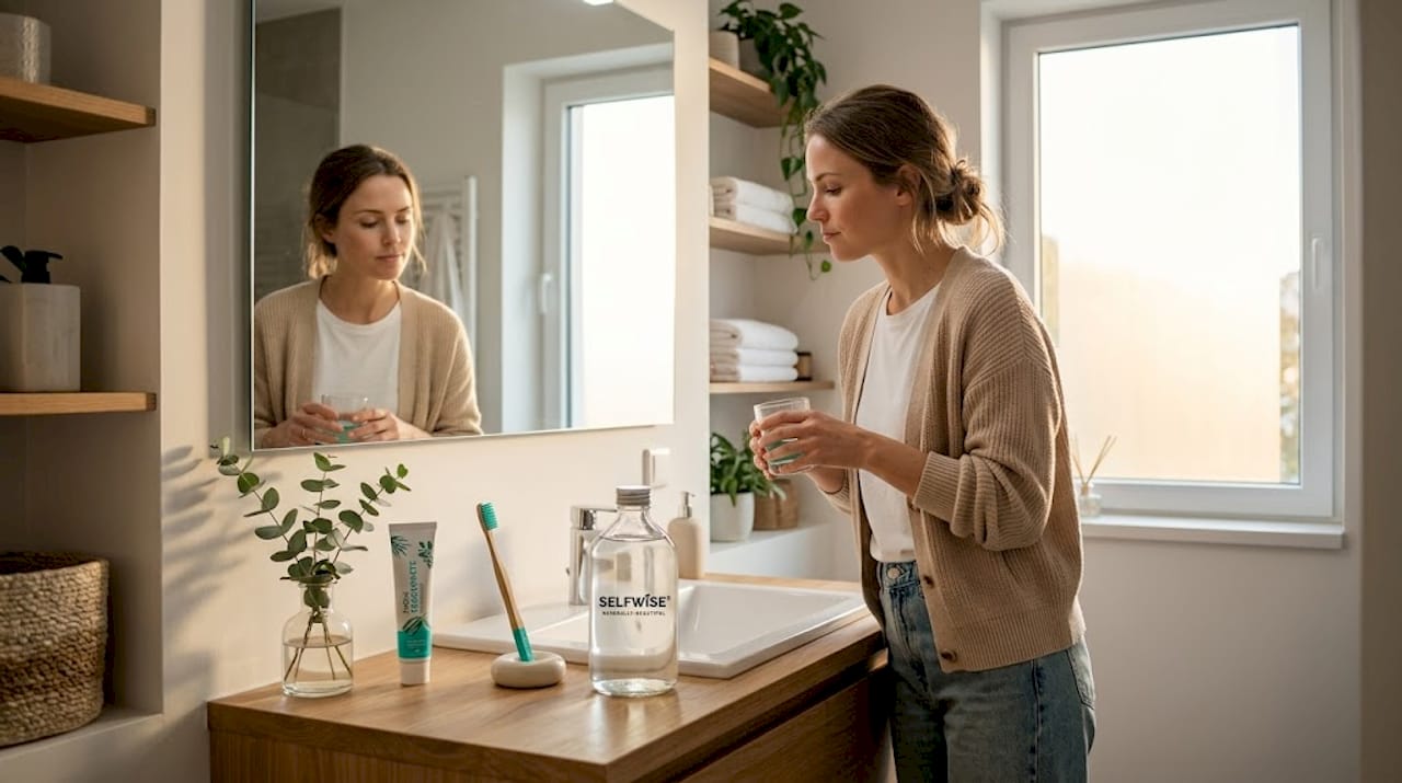 Woman using natural mouthwash in bathroom
