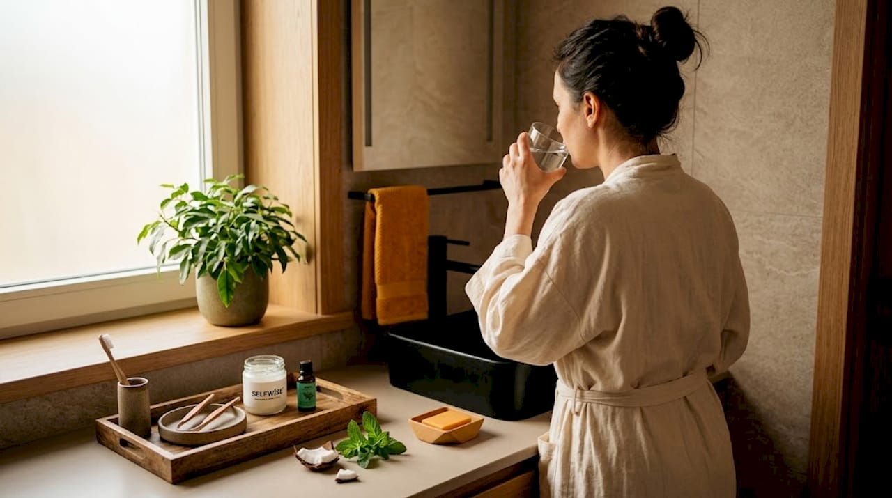 Woman preparing morning oral care at sink