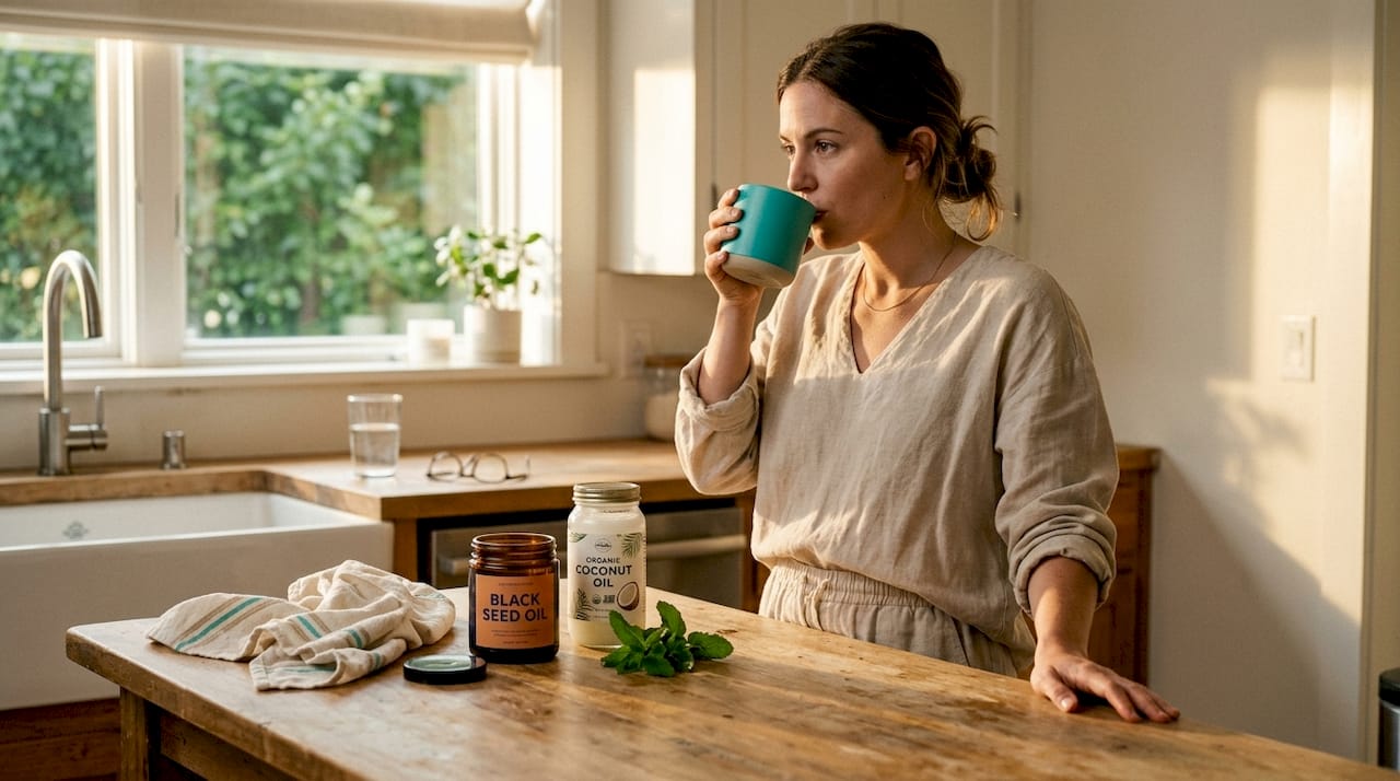 Woman swishing oil for oral care at kitchen counter