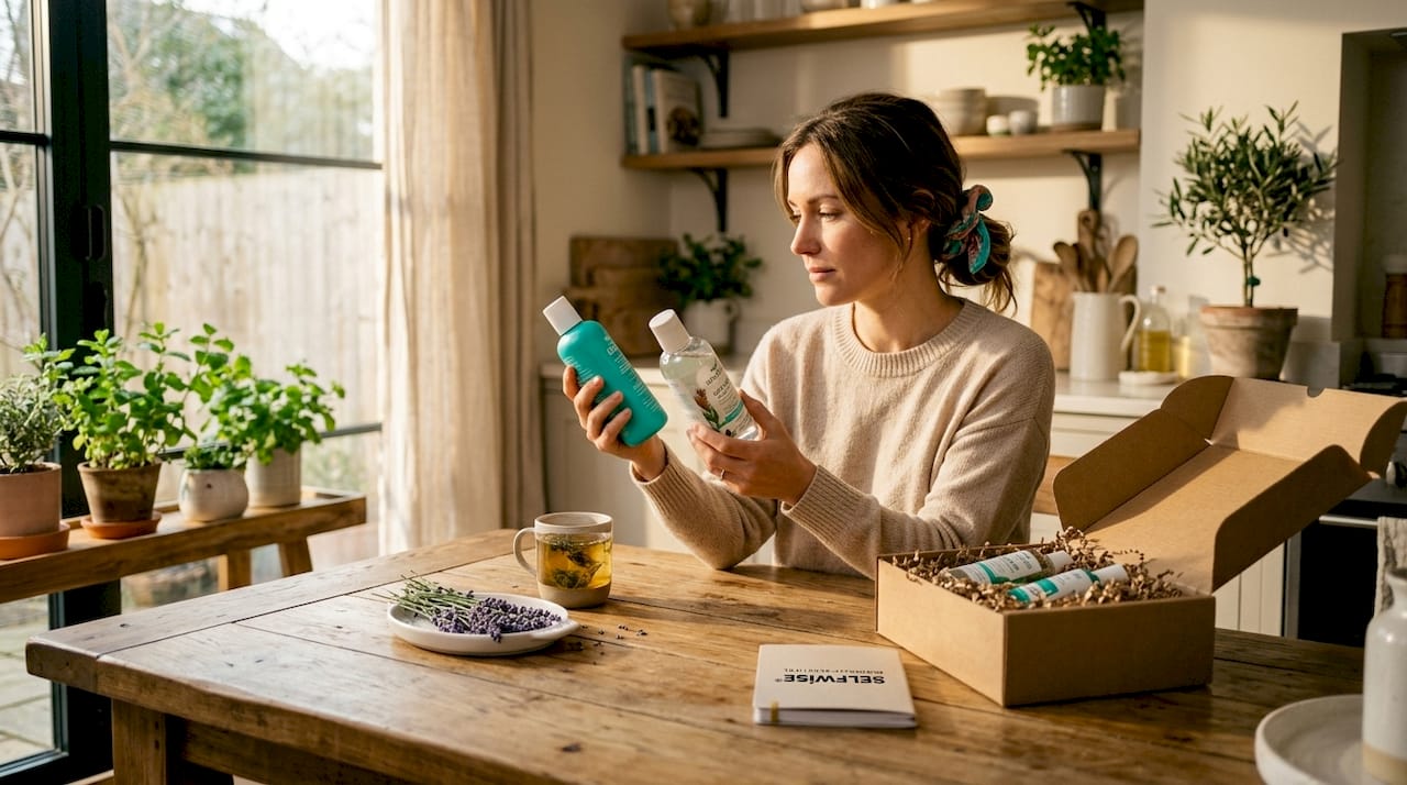 Woman compares natural oral care products at kitchen island