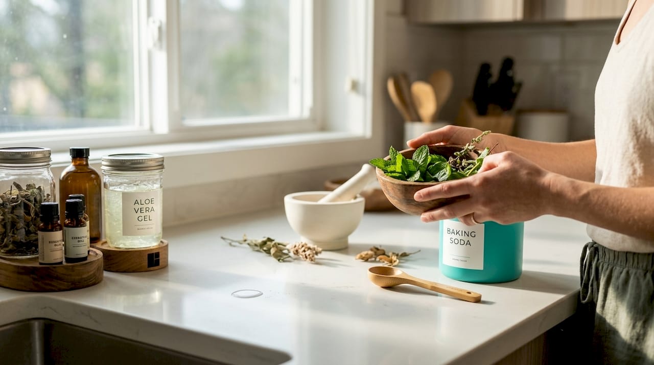 Natural antimicrobial rinse ingredients on kitchen countertop