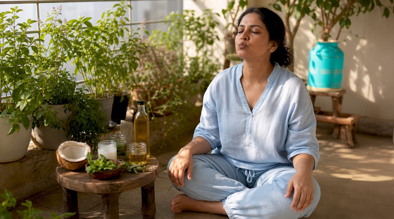 Woman practicing oil pulling with coconut or sesame oil