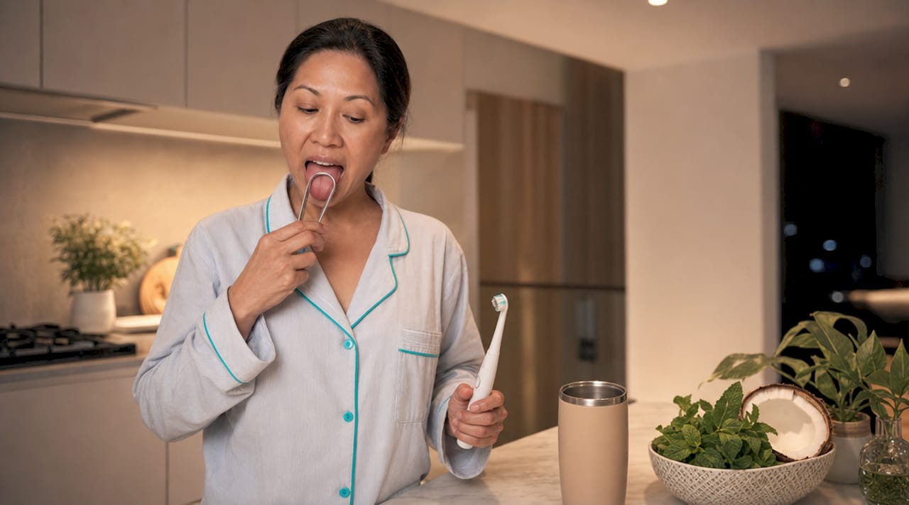 Woman performing nightly oral hygiene routine