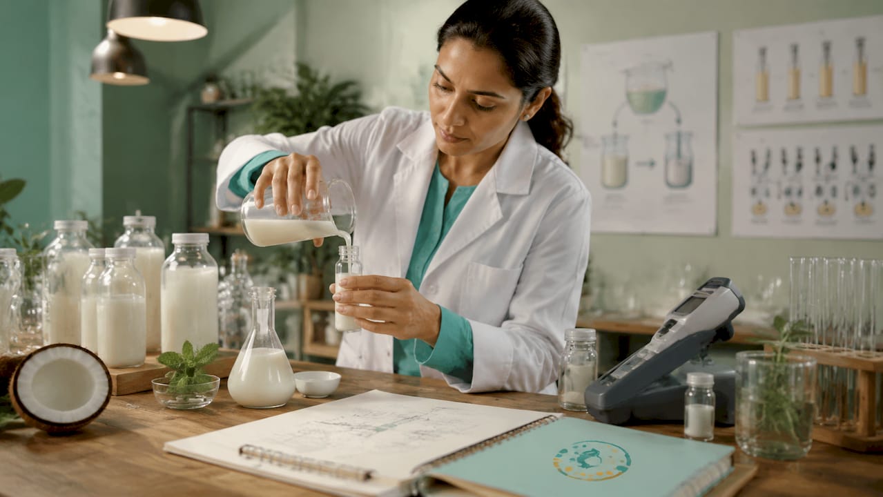 Scientist preparing oil-in-water oral rinse in lab