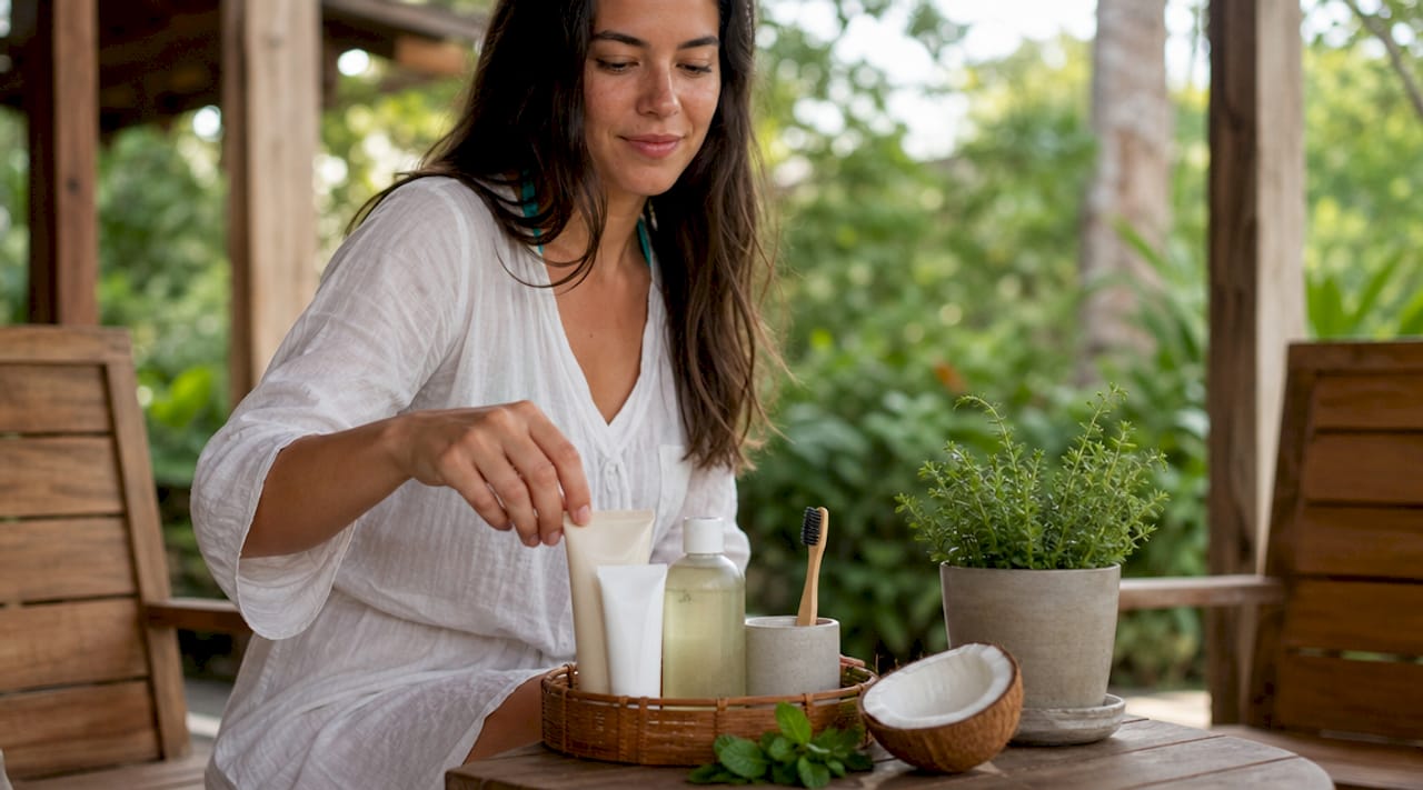 Hand selecting preservative-free oral care products on countertop