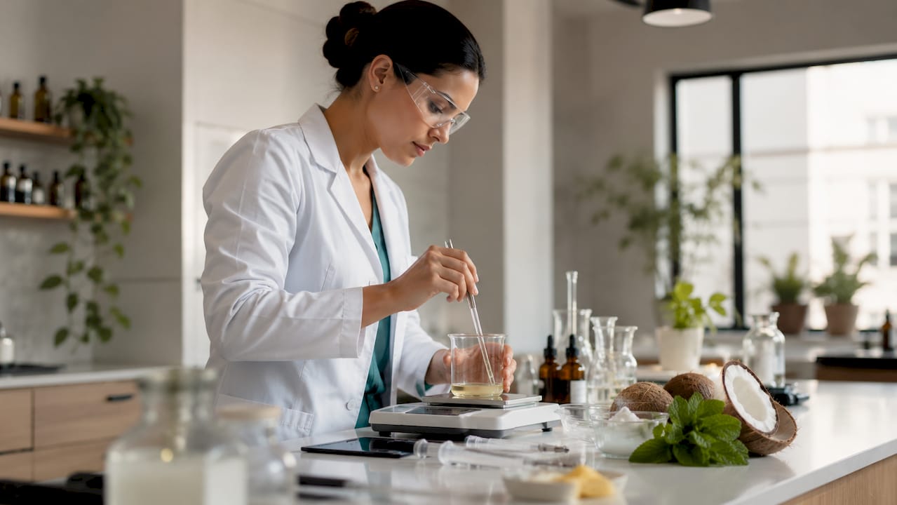 Chemist mixing poloxamer oral care formula in lab