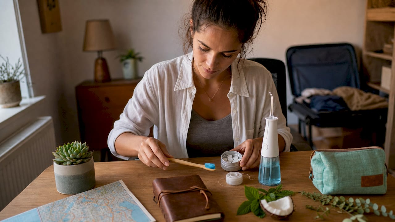 Woman packing chemical-free oral care kit for travel