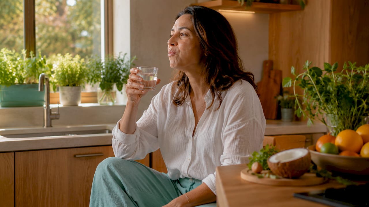 Woman using essential oil oral rinse in bathroom