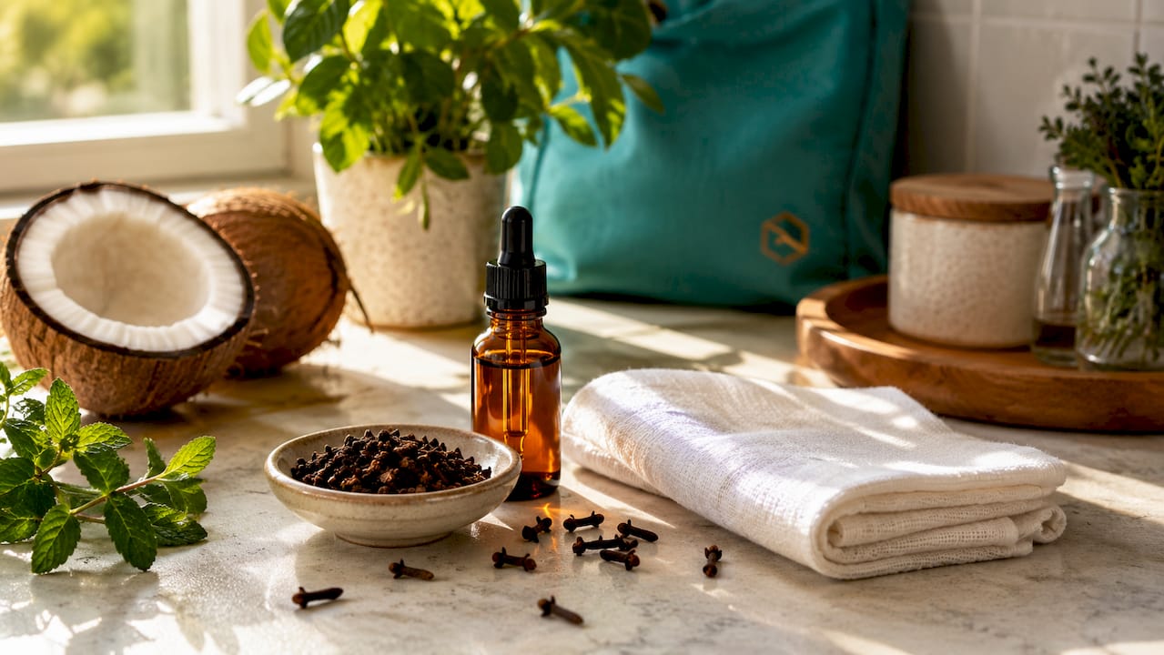 Bottle of clove oil on bathroom vanity with cloves