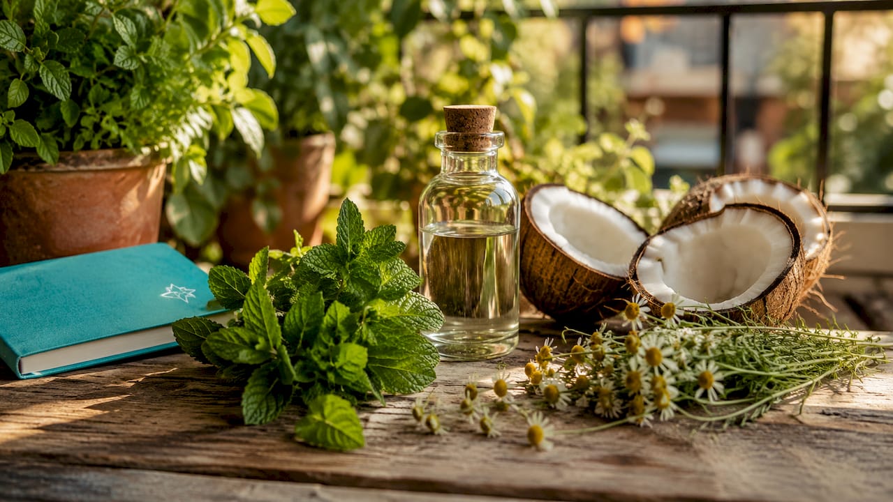 Natural ingredients including mint and coconut on warm countertop