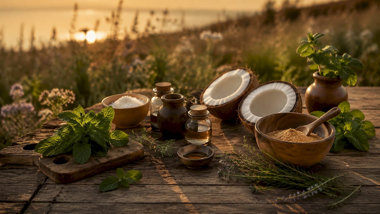 Natural oral care ingredients on wooden table