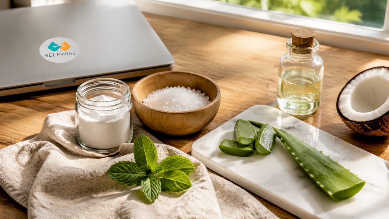 Natural homemade mouthwash ingredients on kitchen counter