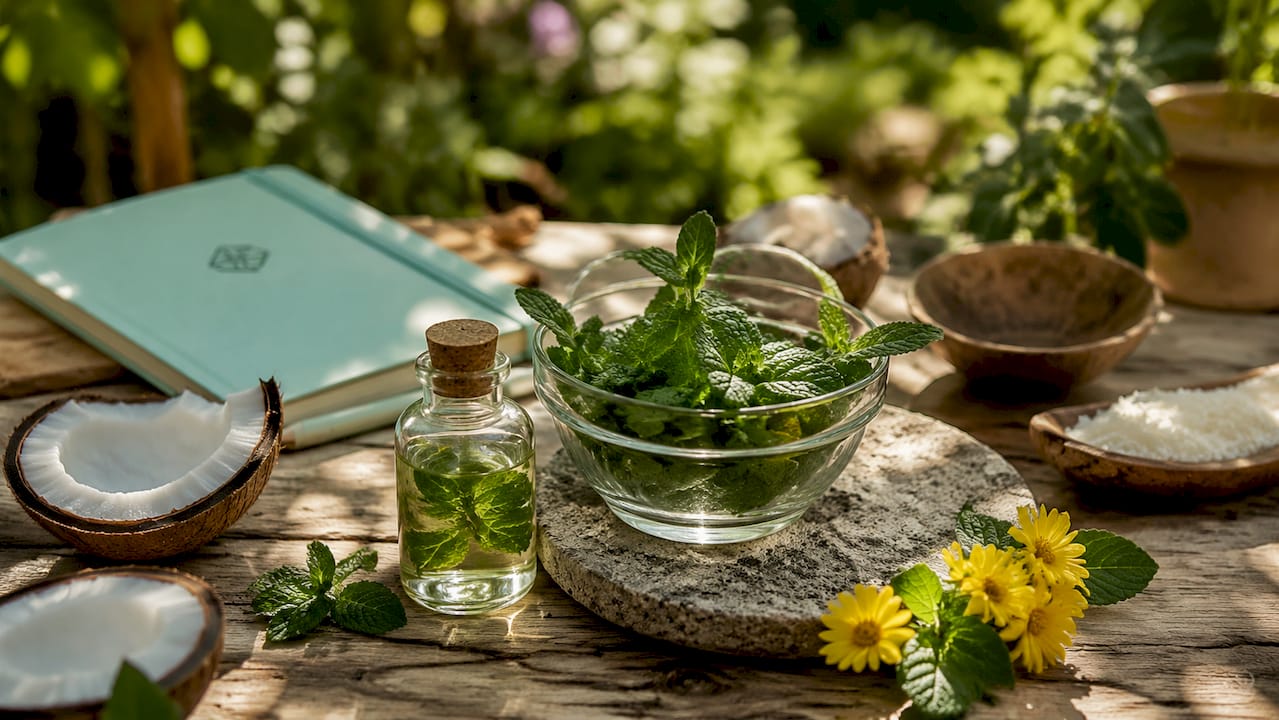 Close-up of peppermint oil and fresh mint leaves on wood